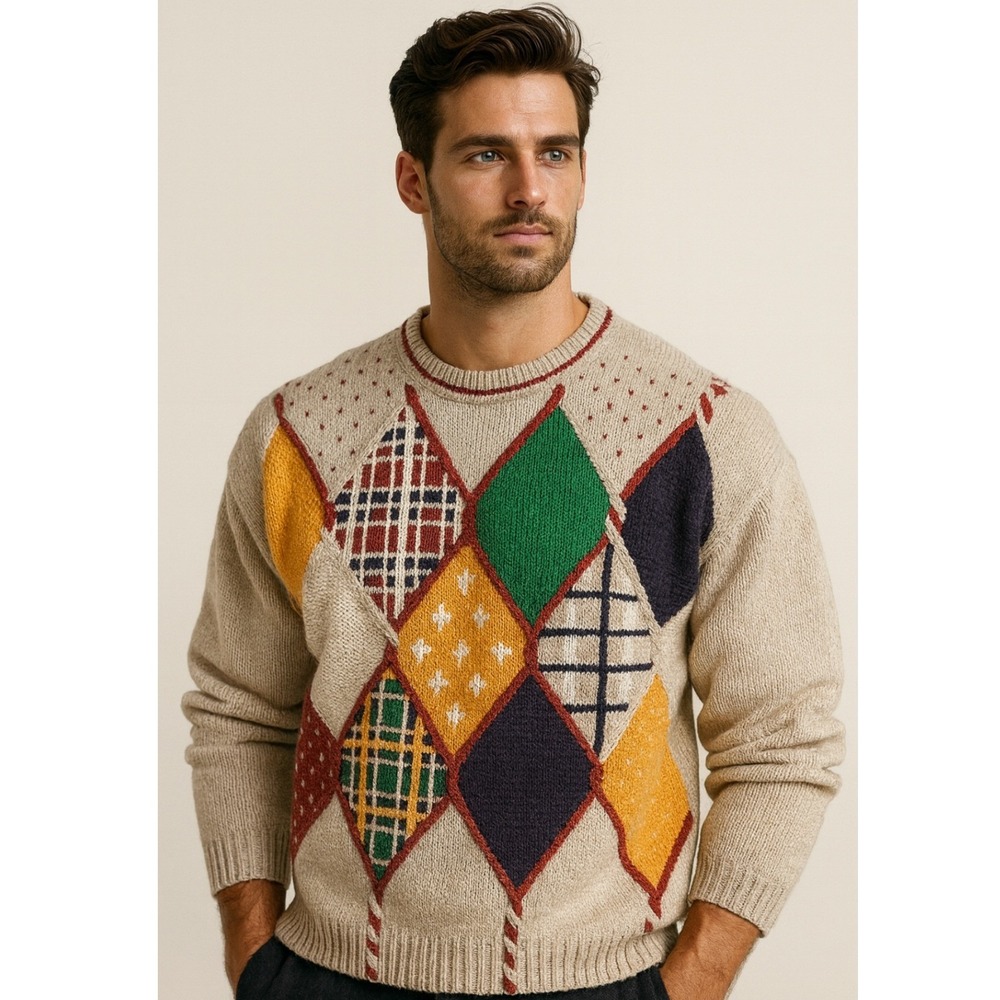 Vintage 1993 BIB‎ SML Sporto Argyle Plaid Patchwork Knit Sweater 3X Grampacore